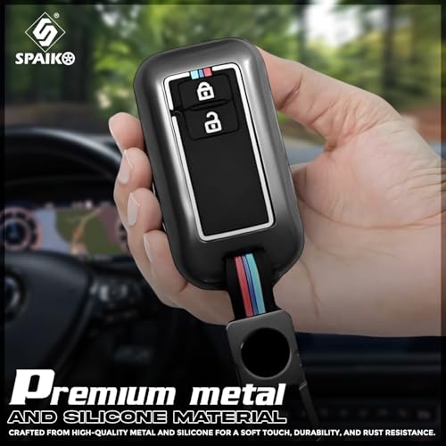 Metal Silicone TPU Car Key Cover Compatible with Maruti Suzuki Baleno, Grand Vitara, XL6, Fronx, Dzire, Brezza, Jimny, Swift, Ertiga- 2 Smart Button Protective Shell with Keychain (Black)|B0FLJV437Q