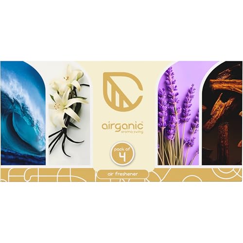 Aroma Swing - Pack of 4 (40 ml) - Combo: Cool Ocean, Mexican Vanilla, Lavender & Black Oudh Car Perfume | Aroma Essential Oils in Glass Bottle with Wooden Diffuser Lid | Car Accessories 2025|B0F267XRC3