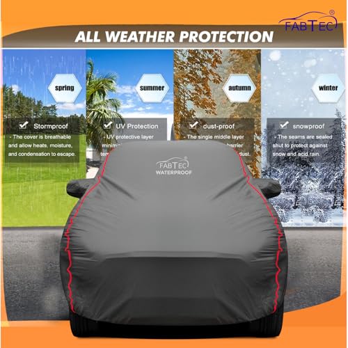 FABTEC Waterproof Premium Car Cover for Maruti Dzire (2017-24) with Mirror and Antenna Pocket Super Waterproof Car Body Cover Heavy Duty Durable Peva Grey with Red Piping|B0CSPFP8T6