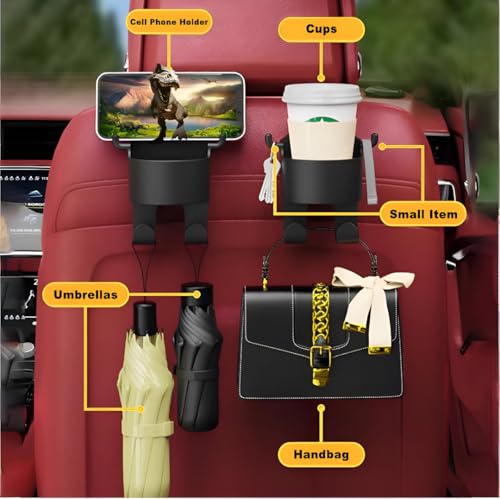 Car Headrest Backseat Organizer,Multifunctional Storage for Car Travel Accessories 3 in 1 Automotive Cell Phone Drink Cup Holder Adapter with Headrest Hooks for Kids and Adults (Pack of 1)|B0DH2KXRH7
