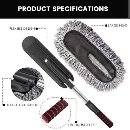 AllExtreme Soft Microfiber Car Duster Brush with Extendable Handle Wet & Dry Scratch Free Surface Cleaner Multipurpose Kitchen Accessory for Dusting Cleaning (Grey, Pack of 1)|B0D1R32S96