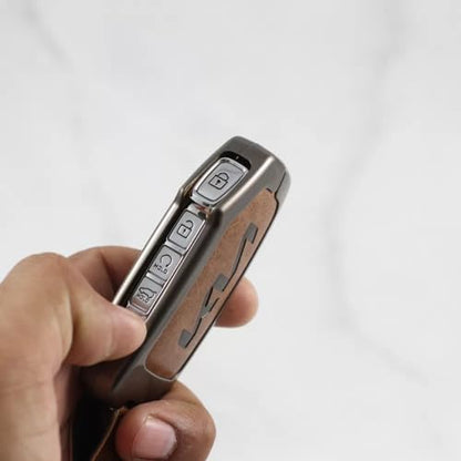 Metal Leather Car Key Cover Fit for New Kia Seltos 2023 Facelift | Carens X Line | Sonet Facelift - 4 Button Smart Key (TAN), Brown|B0D351J163