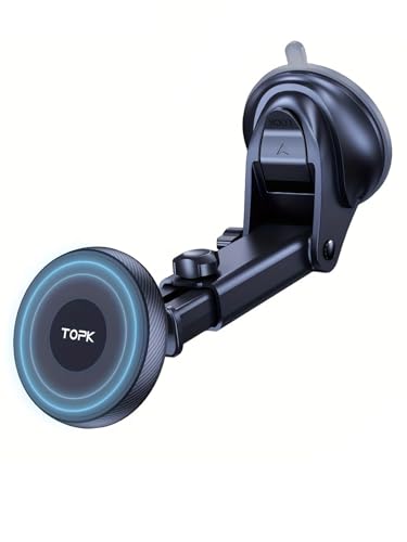 TOPK Mag-Safe Car Phone Holder, Magnetic Phone Car Mount for Windshield and Dashboard, Strong Suction Adjustable Long Arm with Strongest Magnet, Car Cradle for iPhone 15/14/13/12 Series (Black)|B0FHK66X6C