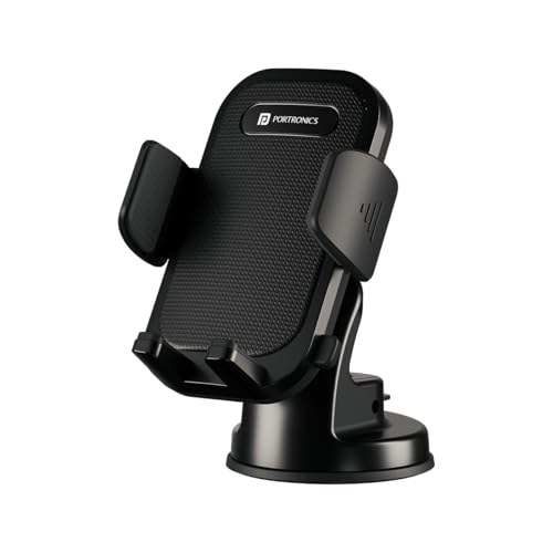 Portronics Clamp M4 Car Phone Holder Stand with 360 Degree Rotation, Strong Grip, Suction Cup Mount, Single Hand Use, Shockproof Build, Mobile Stand for Car (Black)|B0DB269JKH