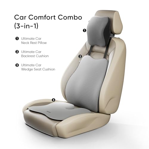 Frido Ultimate Car Comfort Combo | Neck Rest, Backrest & Wedge Seat Cushion Combo of 3 | Ergonomic Neck, Back & Seating Support | Driving & Daily Commutes | Posture Correction | Universal Fit | Grey|B0DXFR5H8N