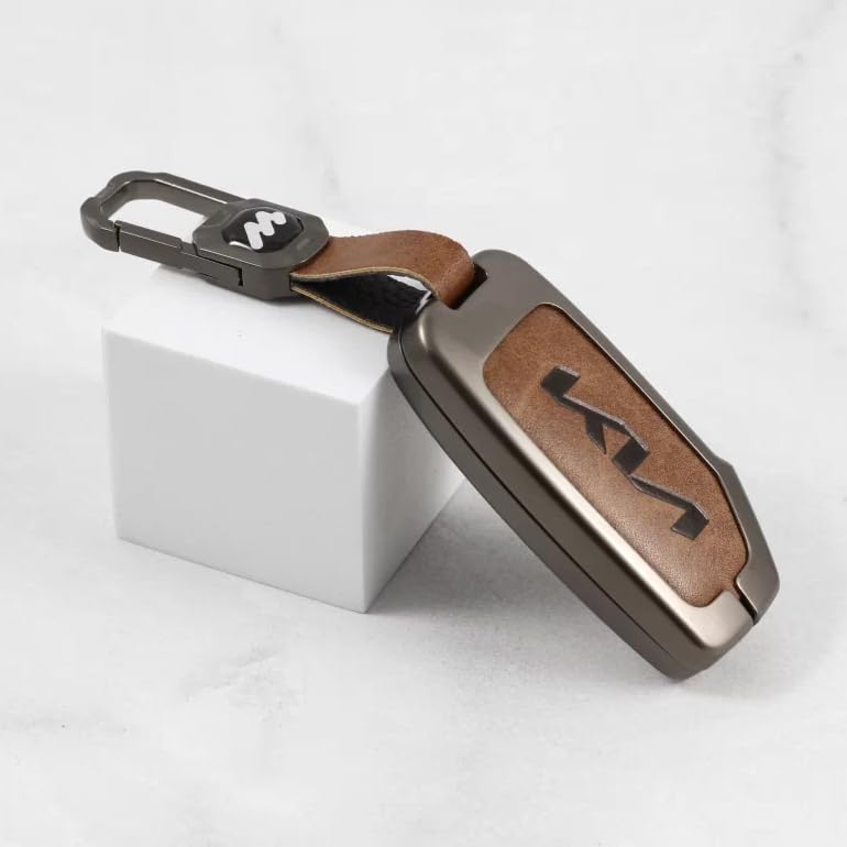 Metal Leather Car Key Cover Fit for New Kia Seltos 2023 Facelift | Carens X Line | Sonet Facelift - 4 Button Smart Key (TAN), Brown|B0D351J163