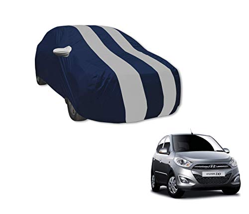 Auto Hub Car Cover Compatible with Hyundai I10 (Model : 2007-2013) with Mirror Pocket, Water Resistant, Triple Stitched, I10 Car Cover- Navy-Silver|B0828V55C9
