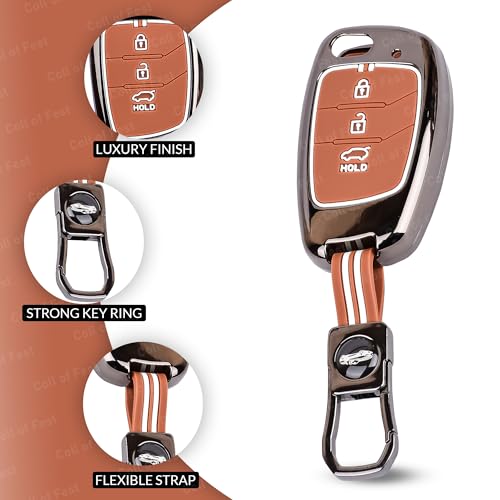 Car Key Cover Compatible with Hyundai Creta, Venue, Tucson, Alcazar, i20, Grand i10 Nios, Aura, Xcent, Exter 3-Button Smart Flip Key (Chrome Metal Brown Silicone)|B0FG3BJVFZ