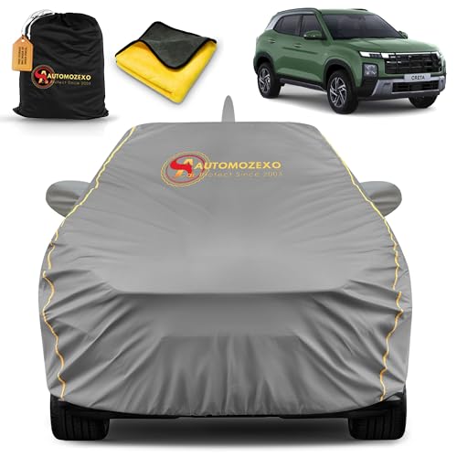 Hyundai Creta 2020 to 2025 Models 100% Waterproof Car Cover for All Weather Protection, Mirror & Antena Pocket Inner Cotton, Triple Stitched Adjustable Belt & Elastic to Secure Fit -Grey|B0D5428BXN