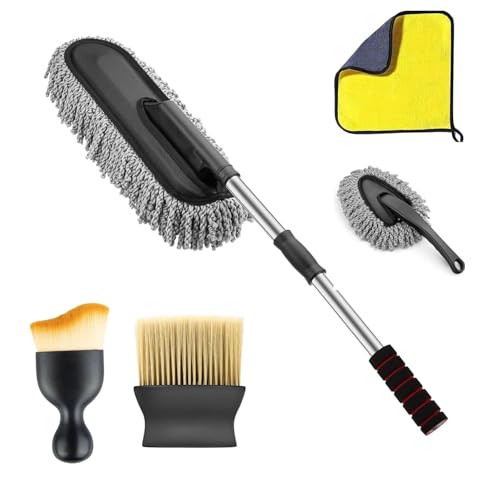 ORJILO 5 PCS Microfiber Car Duster Kit Interior & Exterior Car Cleaning Detailing Tool Scratch & Lint Free, Pollen Removing Extendable Long Handle Duster for Car & Motorcycle car (Car Duster Kit)|B0FFZ9QMGD