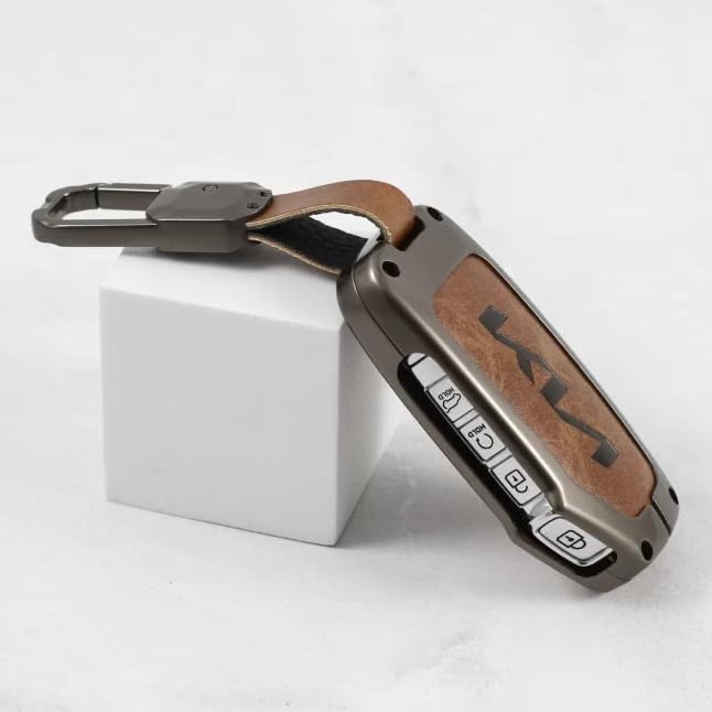 Metal Leather Car Key Cover Fit for New Kia Seltos 2023 Facelift | Carens X Line | Sonet Facelift - 4 Button Smart Key (TAN), Brown|B0D351J163