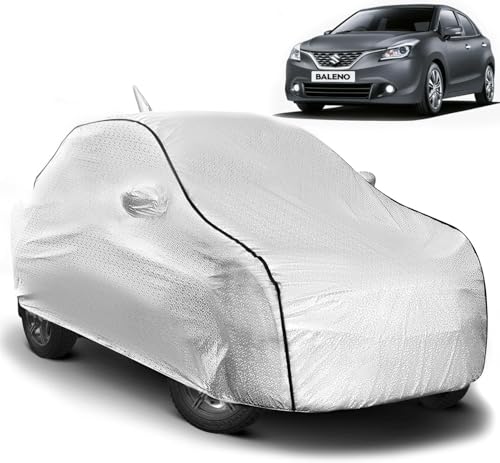 Pivalo Car Cover for Maruti Baleno All Model & Years (2015-2025) 100% Waterproof with Mirror & Antenna Pocket Triple Stitched Bottom Elastic Dustproof Full Body Protection (Heat & UV Resistant,Silver)|B0DHW22PRV