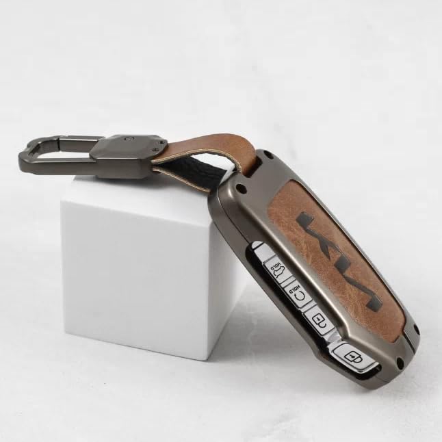 Metal Leather Car Key Cover Fit for New Kia Seltos 2023 Facelift | Carens X Line | Sonet Facelift - 4 Button Smart Key (TAN), Brown|B0D351J163