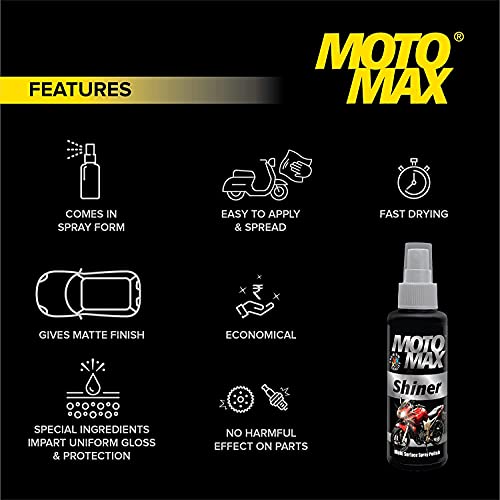 Motomax Shiner Multi surface Spray Polish 100ml|Instantly Cleans, Polishes and Shines Motorbikes, Scooters, Cars | Useful for Plastic, Metal, Tyre & Rubber Parts,|B01J8311BG
