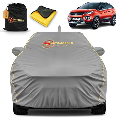 Tata Nexon 100% Waterproof Car Cover for All Weather Protection with Mirror & Antena Pocket Inner Cotton Layer Triple Stitched Cover with Adjustable Belt Bottom Elastic to Secure Fit -Grey|B0CPLHS6XJ