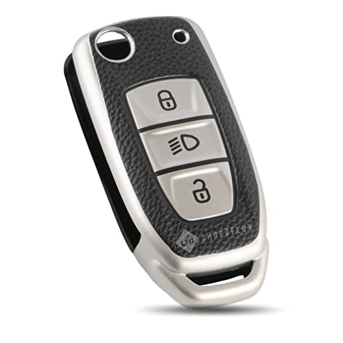 SHOPOFLUX TPU Leather Key Cover Compatible with Tata Tiago | Nexon | Altroz | Curvv | Safari | Storme | Zest | Bolt | Tigor | Punch | Hexa 3 Button Flip Key (Black Silver)|B0C53R9ZK9