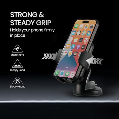 Portronics Clamp M4 Car Phone Holder Stand with 360 Degree Rotation, Strong Grip, Suction Cup Mount, Single Hand Use, Shockproof Build, Mobile Stand for Car (Black)|B0DB269JKH