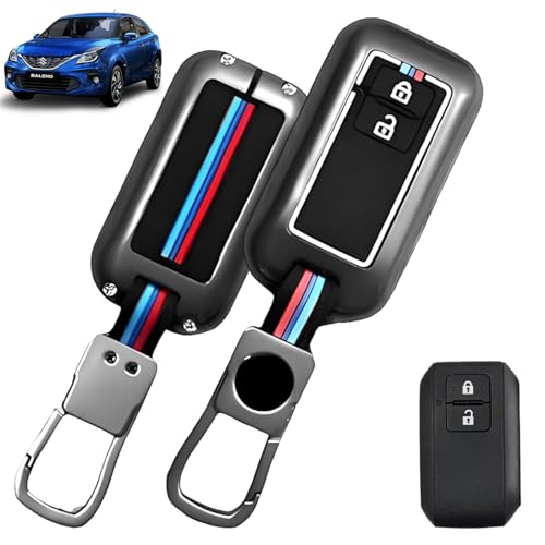 Metal Silicone TPU Car Key Cover Compatible with Maruti Suzuki Baleno, Grand Vitara, XL6, Fronx, Dzire, Brezza, Jimny, Swift, Ertiga- 2 Smart Button Protective Shell with Keychain (Black)|B0FLJV437Q