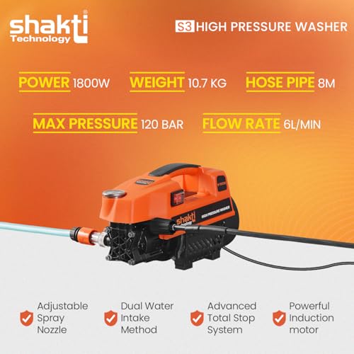 Shakti Technology S3 High Pressure Car Washer Machine 1800 Watts and Pressure 120 Bar for Cleaning Car, Bike & Home (S3)|B0BBWJFK5C