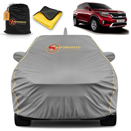 Kia Seltos 100% Waterproof Car Cover for All Weather Protection with Mirror & Antena Pocket Inner Cotton Layer Triple Stitched Cover with Adjustable Belt Bottom Elastic to Secure Fit -Grey|B0BWFRJ5KN