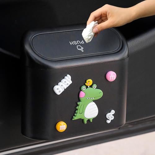 wolpin PP Car Trash Bin Can Holder Dustbin Hanging- Black (15.5 X 14 Cm) Press Top Waste Bin With Cute Stickers|B0CL6XJGFR