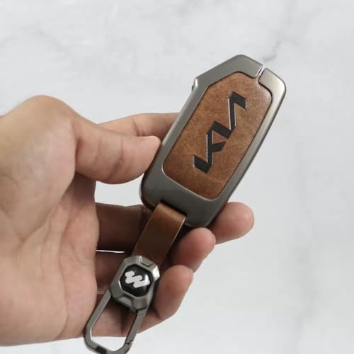 Metal Leather Car Key Cover Fit for New Kia Seltos 2023 Facelift | Carens X Line | Sonet Facelift - 4 Button Smart Key (TAN), Brown|B0D351J163