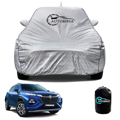 Waterproof Car Body Cover for Maruti Fronx with Mirror and Antenna Pocket and Soft Cotton Lining (4 Side Elastic Triple Stitched & Metallic Silver with Black Piping Style)|B0CCDQVH64