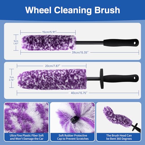 Wheel Tire Cleaning Brush Kit Cars Motorcycles RVs Trucks Rim Hub Ultra Soft Microfiber 360 Bendable Synthetic Woolies Wash Vehicles Bristle Set|B0DB5BXL3D