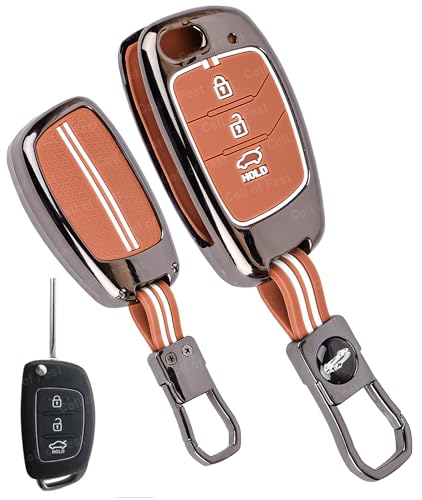 Car Key Cover Compatible with Hyundai Creta, Venue, Tucson, Alcazar, i20, Grand i10 Nios, Aura, Xcent, Exter 3-Button Smart Flip Key (Chrome Metal Brown Silicone)|B0FG3BJVFZ