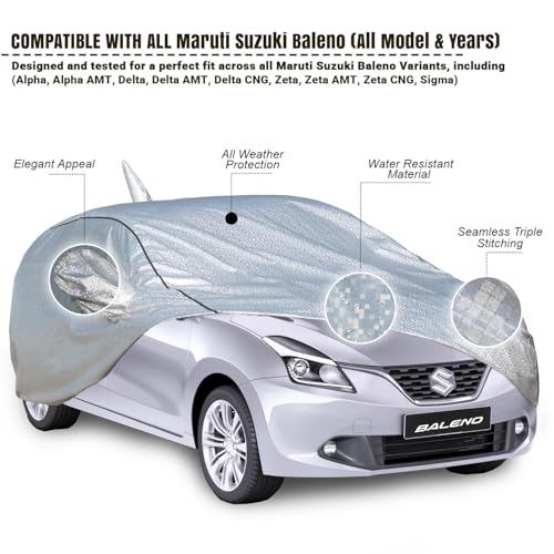 Pivalo Car Cover for Maruti Baleno All Model & Years (2015-2025) 100% Waterproof with Mirror & Antenna Pocket Triple Stitched Bottom Elastic Dustproof Full Body Protection (Heat & UV Resistant,Silver)|B0DHW22PRV
