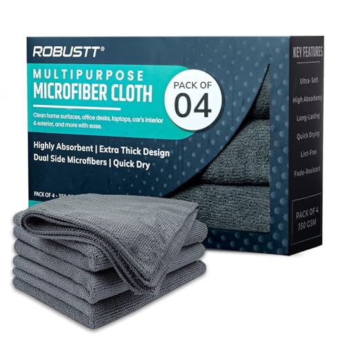 Robustt Microfiber Cloth (Grey, Pack of 4) 40x40 cms - 350 GSM Thick Lint & Streak-Free Multipurpose Cloth - Automotive Microfibre Towel for Car Bike Cleaning Polishing Washing & Detailing|B0D6FZD6J7
