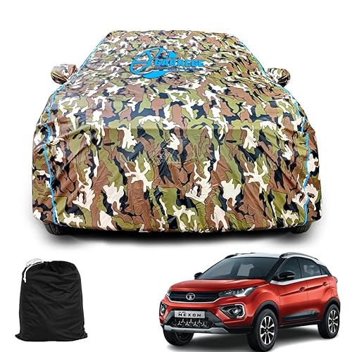 Waterproof Car Body Cover Compatible for Tata Nexon with Mirror Pocket and Antenna Pocket, Triple Stitched (Dynamite Jungle Print with Blue Piping Design)|B0CHP9YWHX
