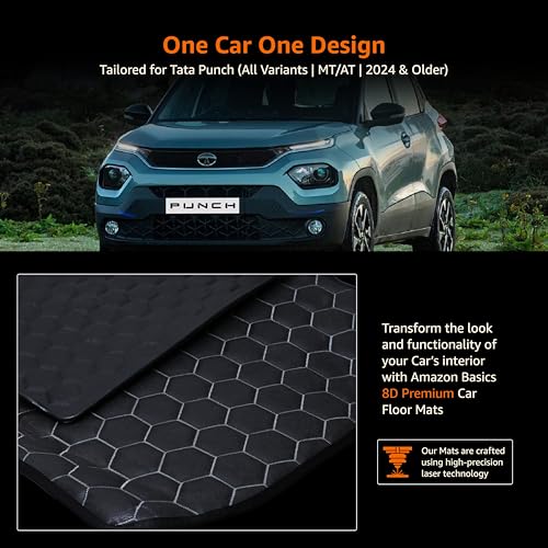 Amazon Basics 8D Premium Car Floor Mats for Tata Punch (All Variants | MT/at | 2024 & Older) | Custom Fit | Waterproof| TPE | Black|B0F5PT51W6
