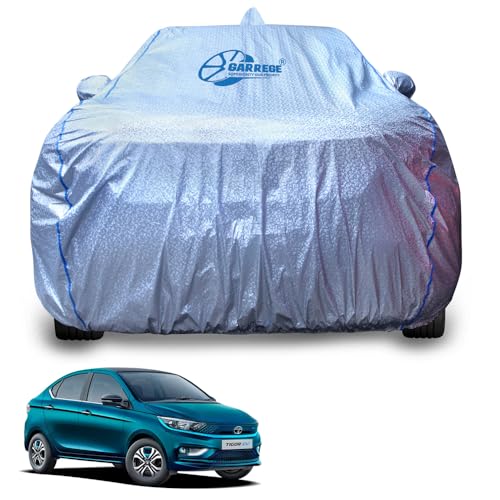 Tata Tigor All Models Car Body Cover Waterproof with Side Mirror&Back Antenna Pocket&Soft Inner Cotton for Car(Elacstic in Four Places Triple Stitched)(Metallic Silver Blue Piping Style|B0B5CGZ3PP