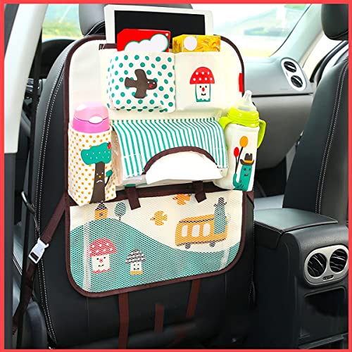 wolpin Auto Car Seat Back Automobiles Organizer And Multiple Storage Pockets For Tablet Ipad,Bottle And Tissue Paper Holder,Snacks Storage For Kids(Mushroom Print)Oxford,Multicolor|B0BV6ZK3JK