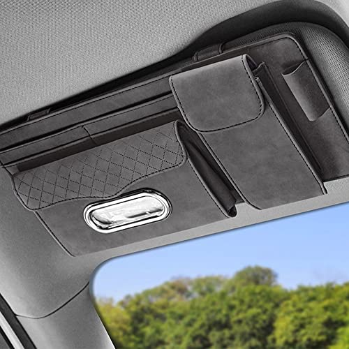 Automaze Suede Sun Visor Organizer Tissue Napkin Box Holder, With Sunglass Pocket, Card Slot, Pen Holder (Gray)|B0BTMFX6YV