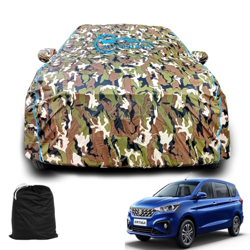 Waterproof Car Body Cover Compatible for Maruti Ertiga with Mirror Pocket and Antenna Pocket, Triple Stitched (Jungle Print with Blue Piping Design)|B0CHRT617K