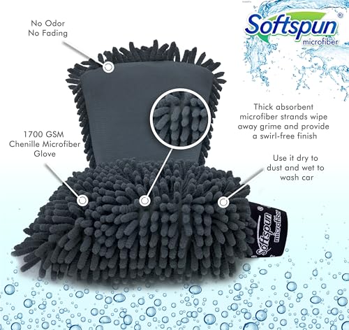 SOFTSPUN Microfiber Chenille & Glass Cloth Mitt, 2 Piece Combo 1700 GSM Grey! Multi-Purpose Super Absorbent and Perfect Wash Cleaning for Bike Auto, Cars Both Interior and Exterior.|B082VD6VBQ