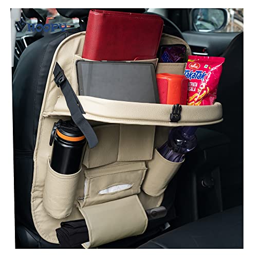Pu Leather Auto Car Back Seat Organizer With Foldable Dining Table Tray, Multipocket Storage Tablet, Bottle And Tissue Paper Holder_Beige (With Tray), Inside|B0BFKVP5HX