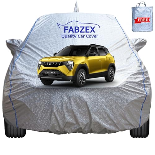 Waterproof Car Body Cover Compatible for Mahindra XUV 3XO (All Models) with Mirror and Antenna Pockets,Triple Stitched,Bottom Elastic with Buckle Silver Cover with Piping|B0D9HV92GQ