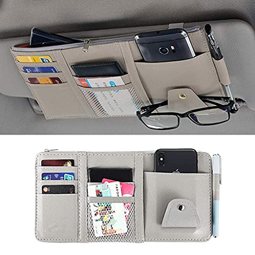 HSR Car Accessories Car Sun Visor Organizer, Sunglass Pen Card Small Document Storage Pouch Holder, PU Leather, Multi-Pocket with Zipper Net (Grey)|B09CT67VCM