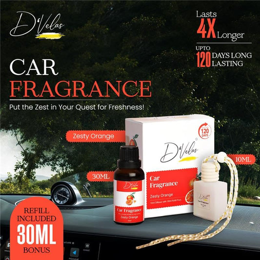 D'Velas 40 Ml Car Fragrance Diffuser Set Long-Lasting Upto 120 Days | Zesty Orange | No Paraben | 10 Ml Wooden Lid Bottle with 30 Ml Refill | Perfume Diffuser | Odor Eliminator for Car Interior|B0F66MQGY2