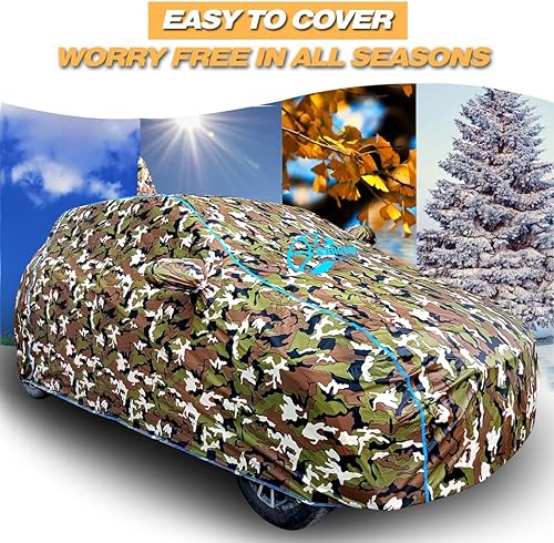 Car Body Cover for Maruti Suzuki Wagon R Waterproof with Mirror and Antenna Pocket and Soft Cotton Lining (Full Bottom Elastic Triple Stitched) (Jungle Print with Blue Piping) Style|B0B5TVY26W