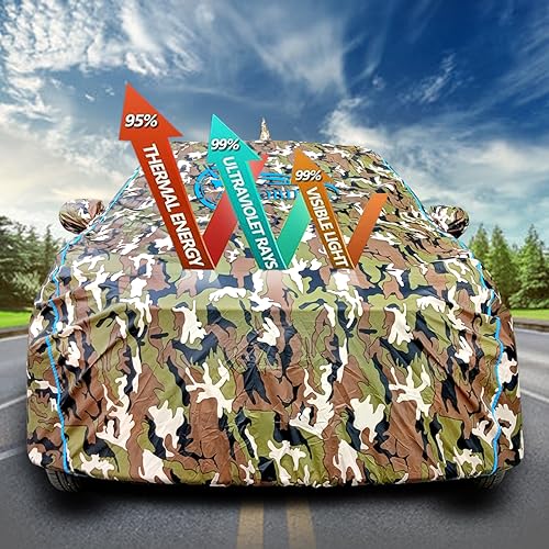 Waterproof Car Body Cover Compatible for Maruti Ertiga with Mirror Pocket and Antenna Pocket, Triple Stitched (Jungle Print with Blue Piping Design)|B0CHRT617K