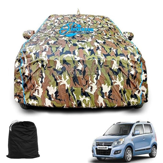 Car Body Cover for Maruti Suzuki Wagon R Waterproof with Mirror and Antenna Pocket and Soft Cotton Lining (Full Bottom Elastic Triple Stitched) (Jungle Print with Blue Piping) Style|B0B5TVY26W